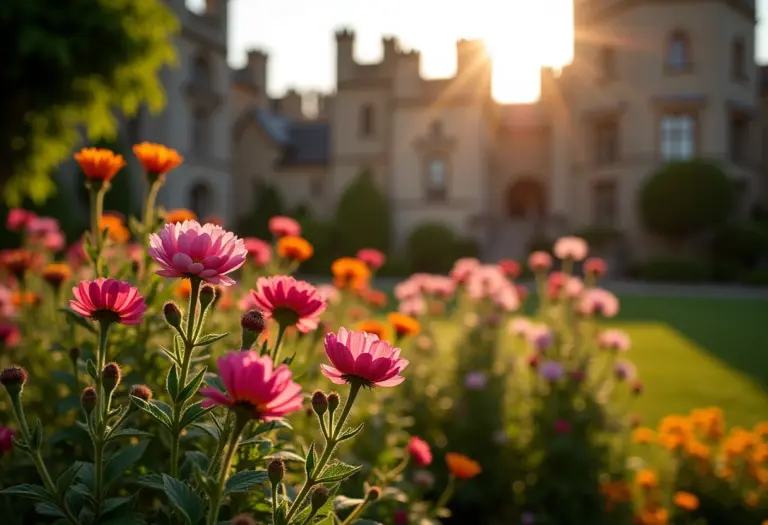 Jardim medieval com flores coloridas e arquitetura de pedra ao fundo.