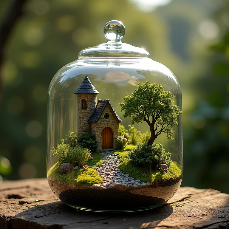Jardim medieval em miniatura dentro de um terrário de vidro.