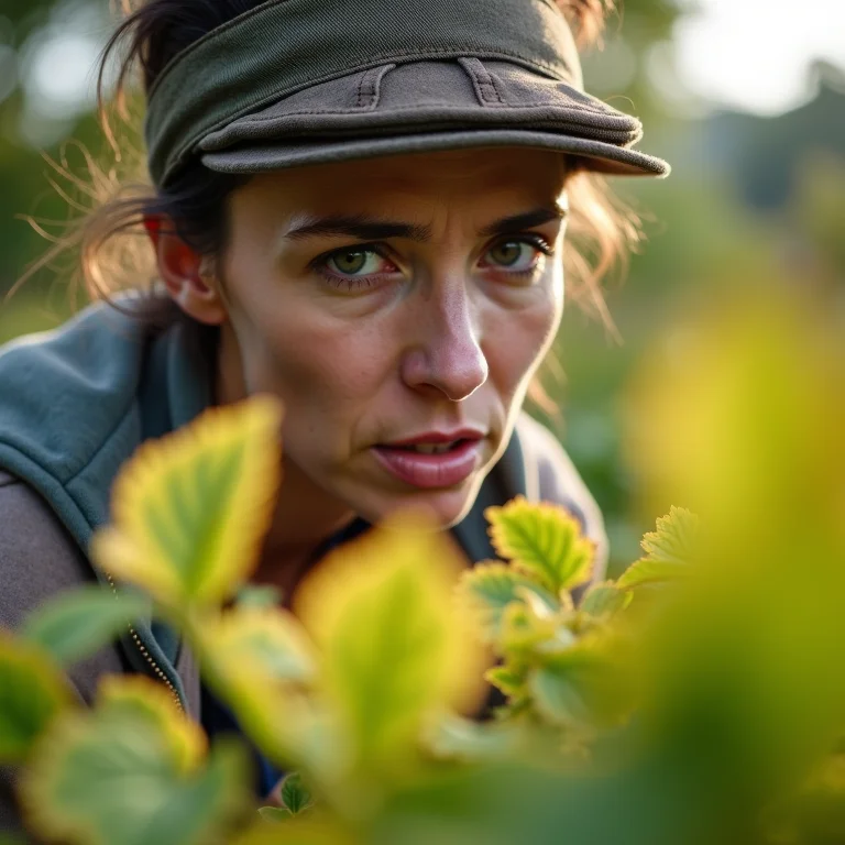 Jardineira preocupada inspecionando folhas amareladas