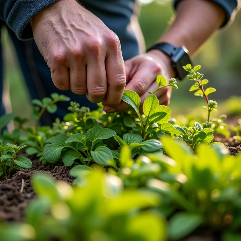 Jardineiro examinando plantas de cobertura com problemas.