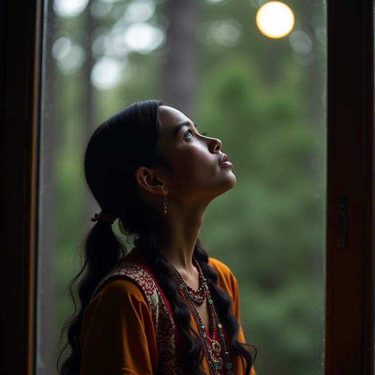 Jovem indígena observando a lua, representando a lenda de Nia.