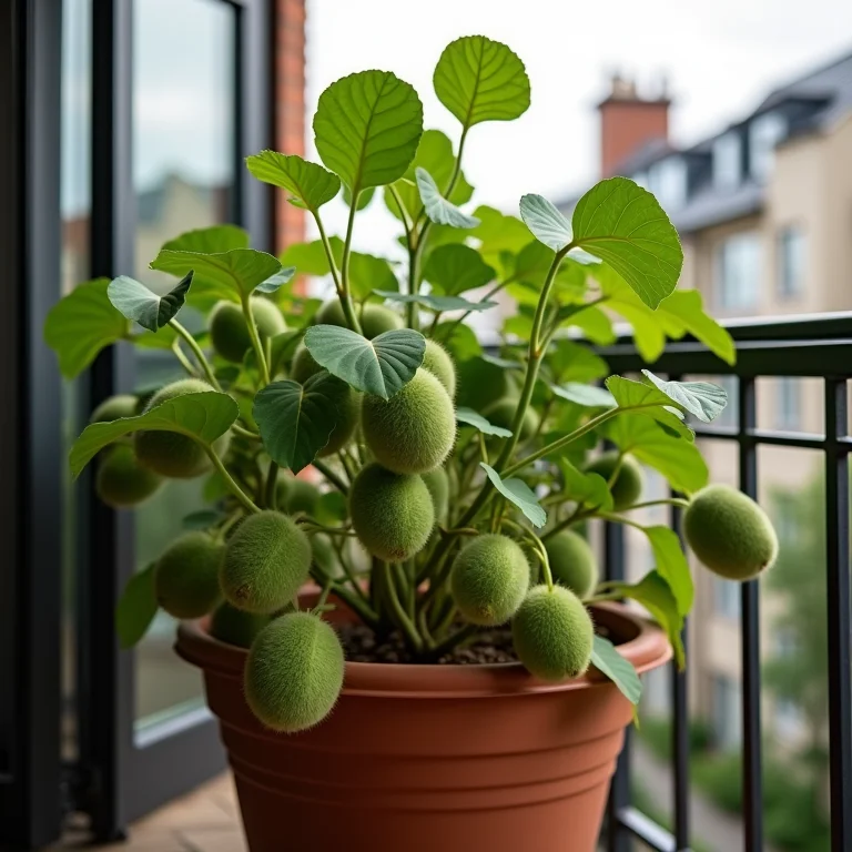 Kiwi crescendo em vaso em uma varanda ensolarada.