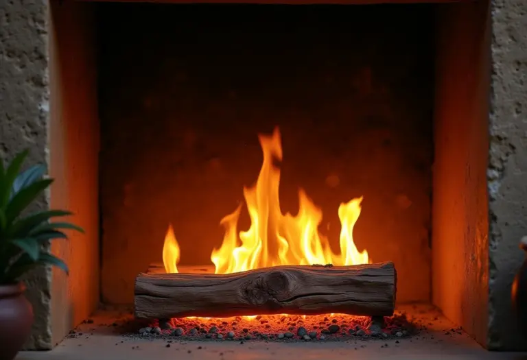Lareira acesa com chamas vibrantes em sala de estar aconchegante