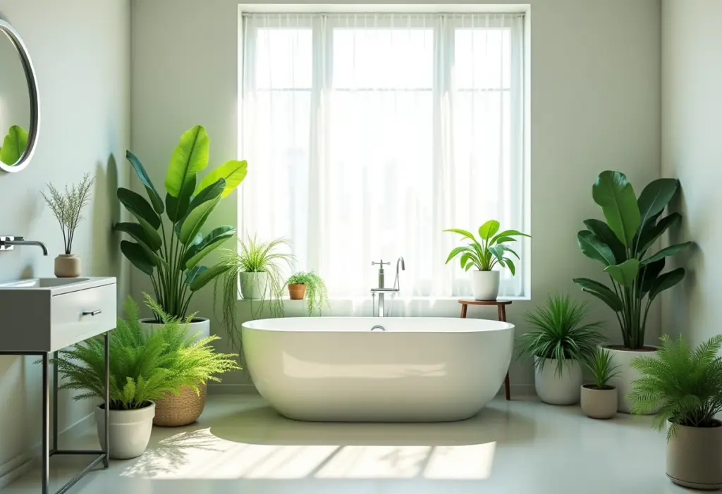 Lavabo com plantas de inverno exuberantes sob luz natural