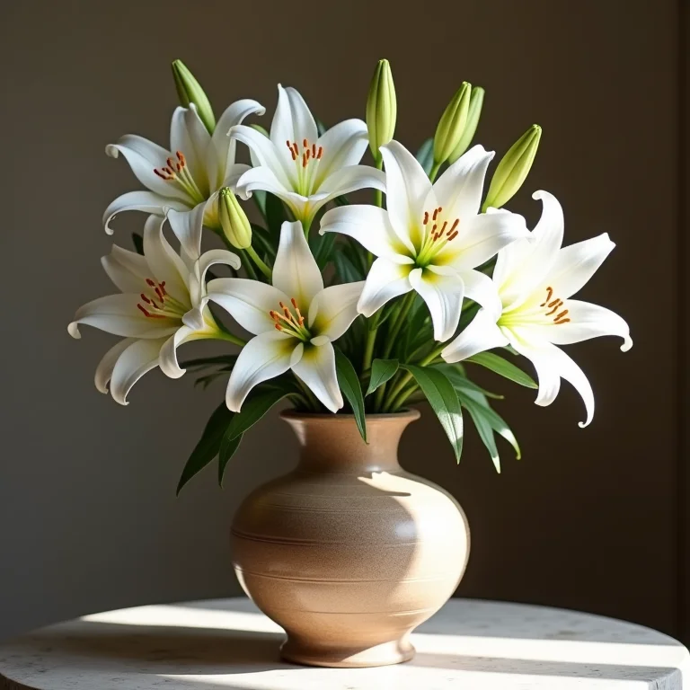 Lírios brancos em vaso de cerâmica medieval.
