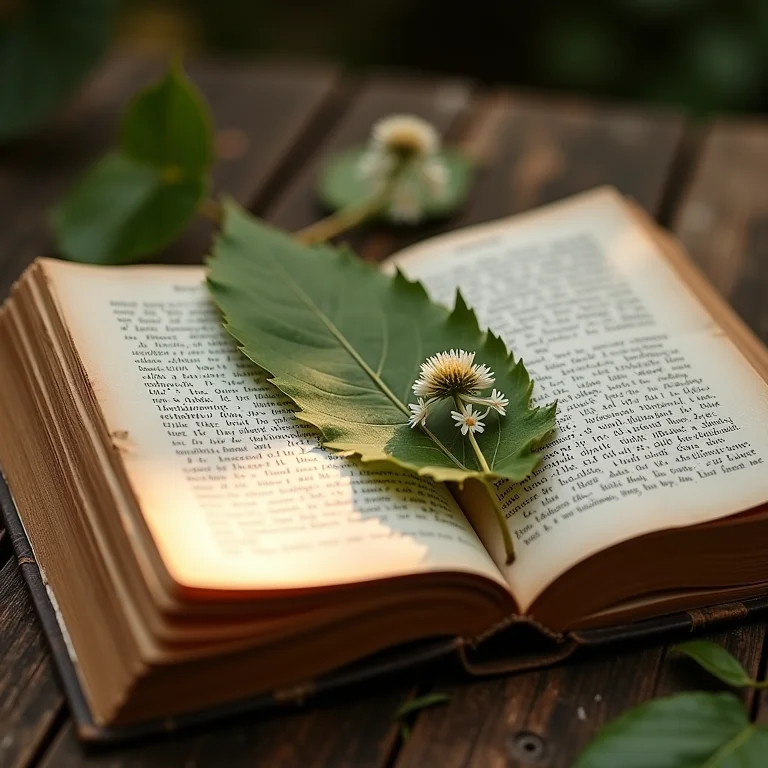 Livros antigos com folhas e flores prensadas.