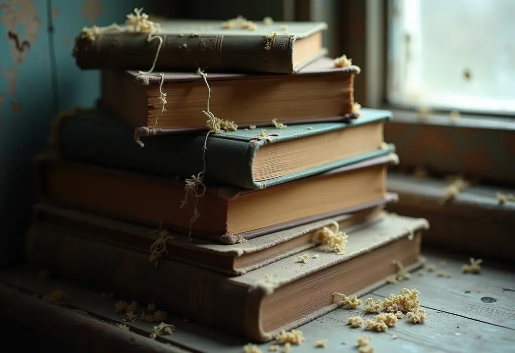 Livros antigos com mofo em pilha instável.
