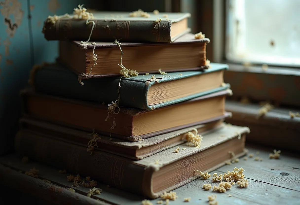 Livros antigos com mofo em pilha instável.