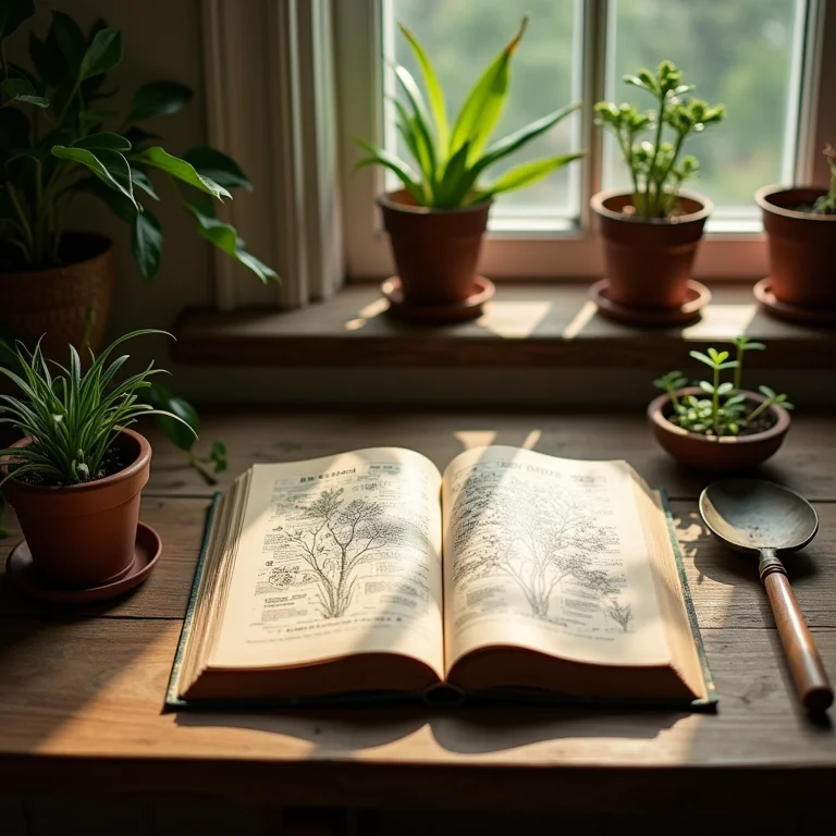 Livros antigos sobre jardinagem e ferramentas de jardinagem.