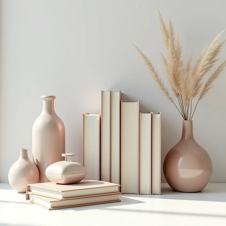 Livros e objetos decorativos para uma estante minimalista