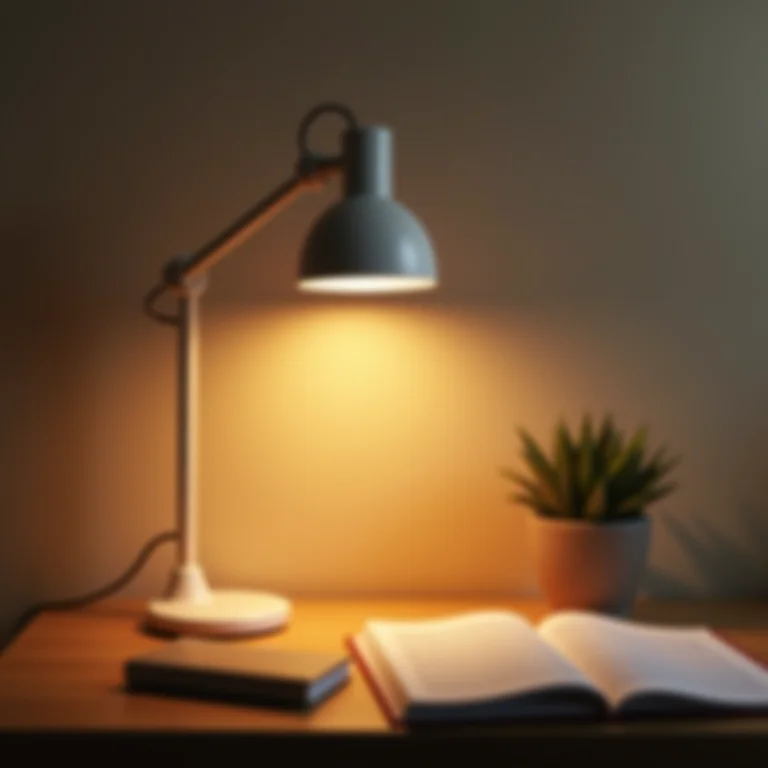 Luminária de mesa moderna iluminando um espaço de estudo com luz quente
