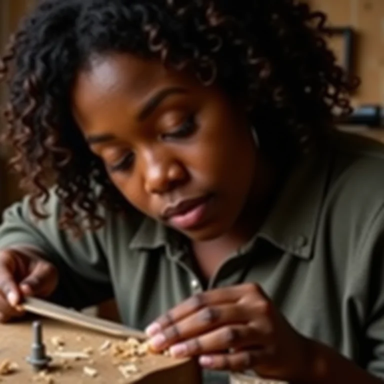 Luthier trabalhando em sua oficina, esculpindo o braço de um violão.