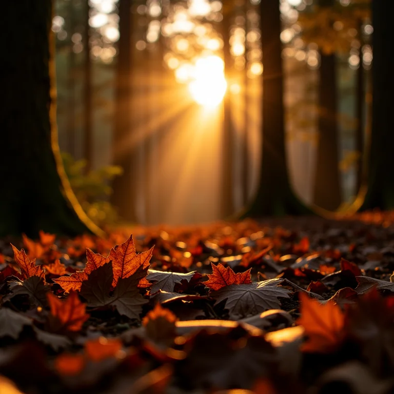 Luz solar fraca em chão de floresta com folhas caídas.