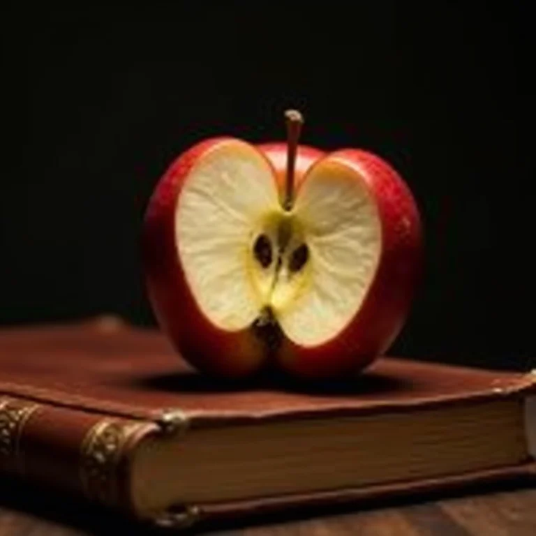 Maçã mordida sobre livro antigo, representando o fruto proibido e suas consequências.
