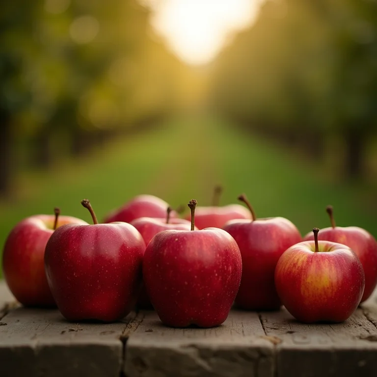 Maçãs vermelhas sobre mesa de madeira.