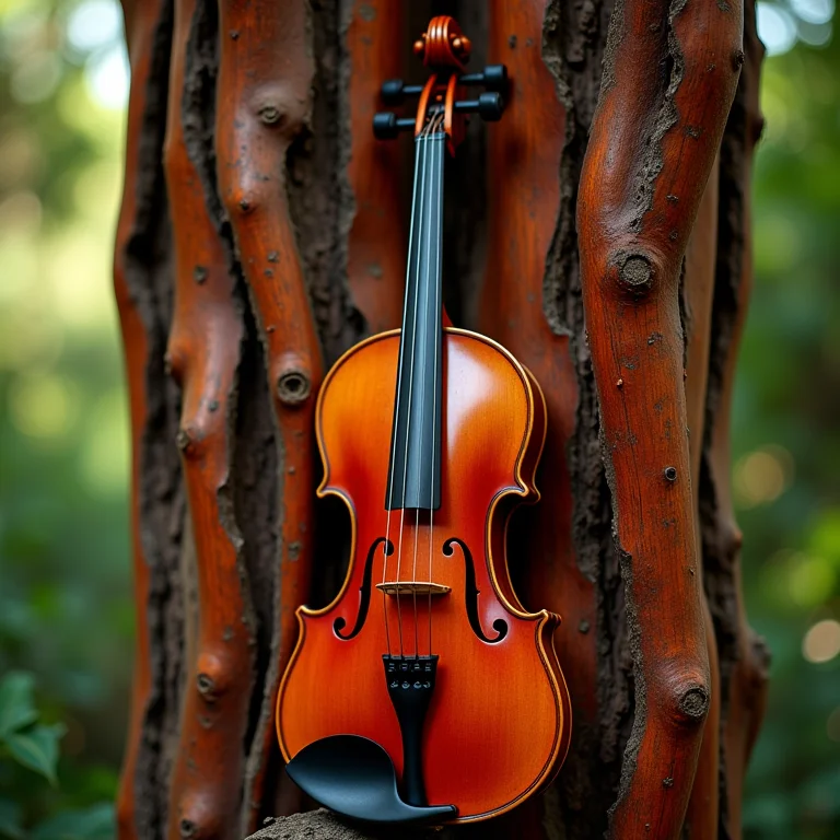 Madeira avermelhada do Pau-Brasil ao lado de uma viola antiga, simbolizando a origem da música colonial brasileira.
