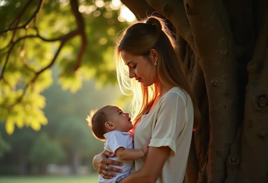 Mãe embalando bebê perto de uma árvore frondosa.