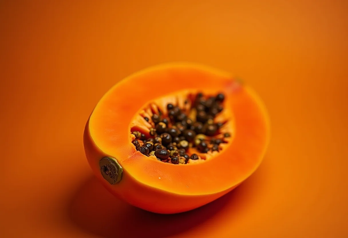 Mamão fresco cortado ao meio, destacando suas sementes e textura.