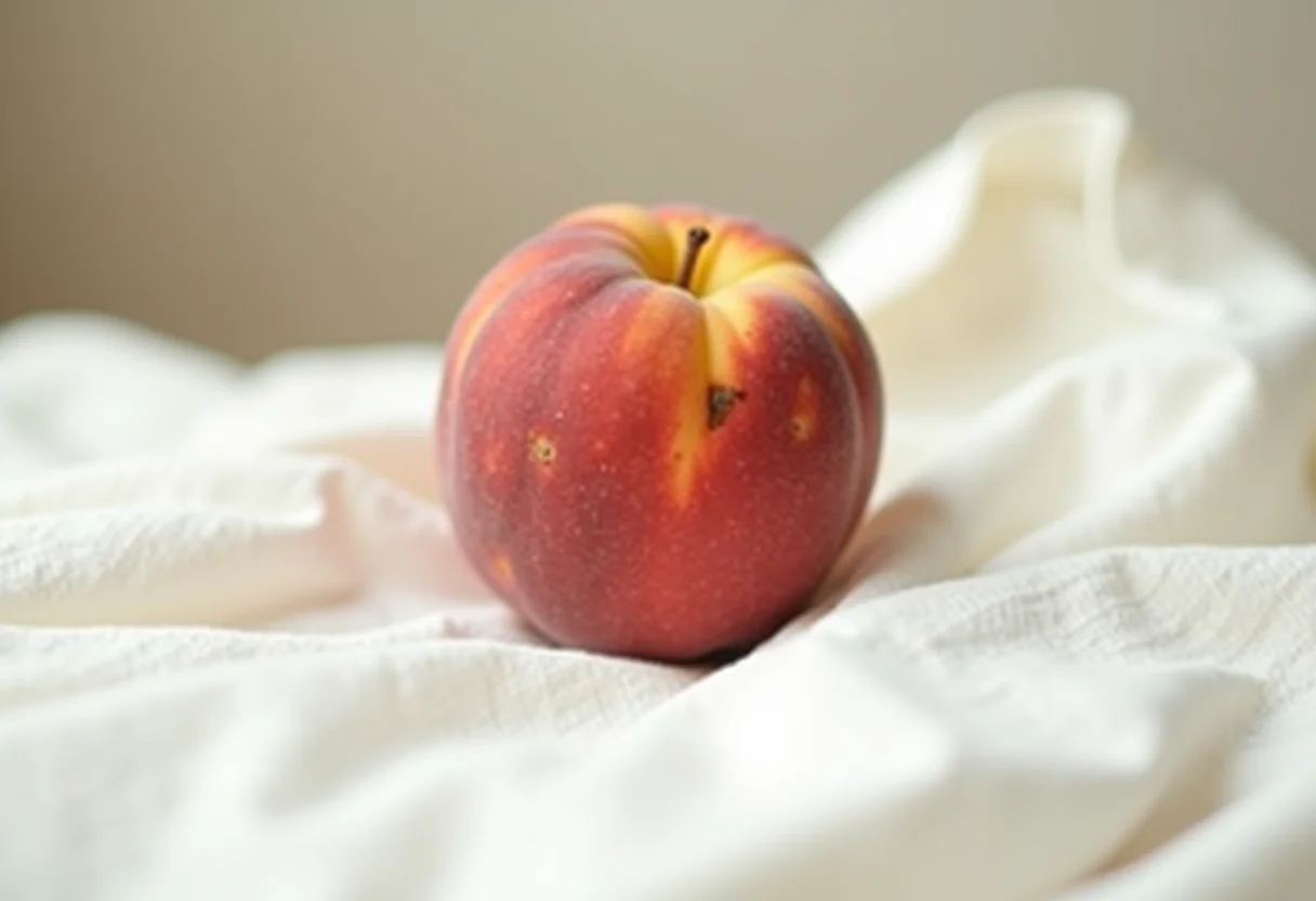 Mancha de pêssego em camisa de linho branca.