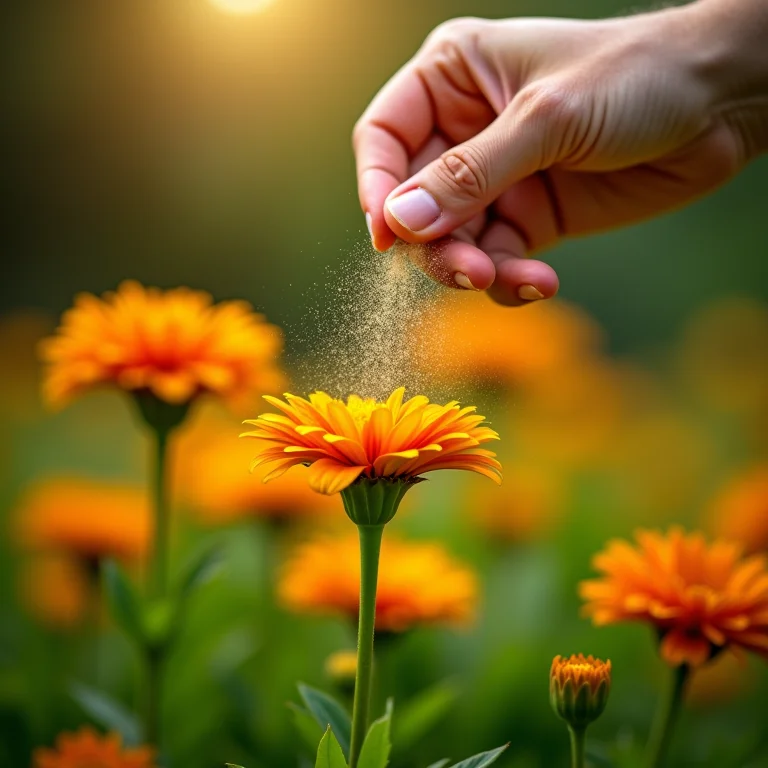 Mão aplicando fertilizante em uma gazânia florida