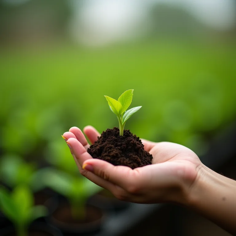 Mão segurando muda de ingá em viveiro de plantas.