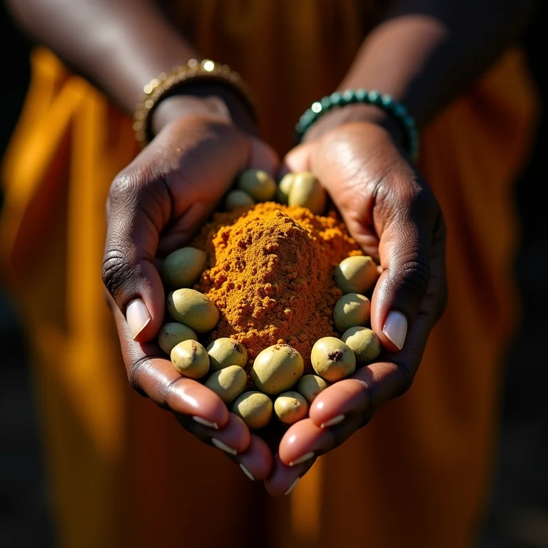 Mãos africanas segurando produtos derivados do baobá