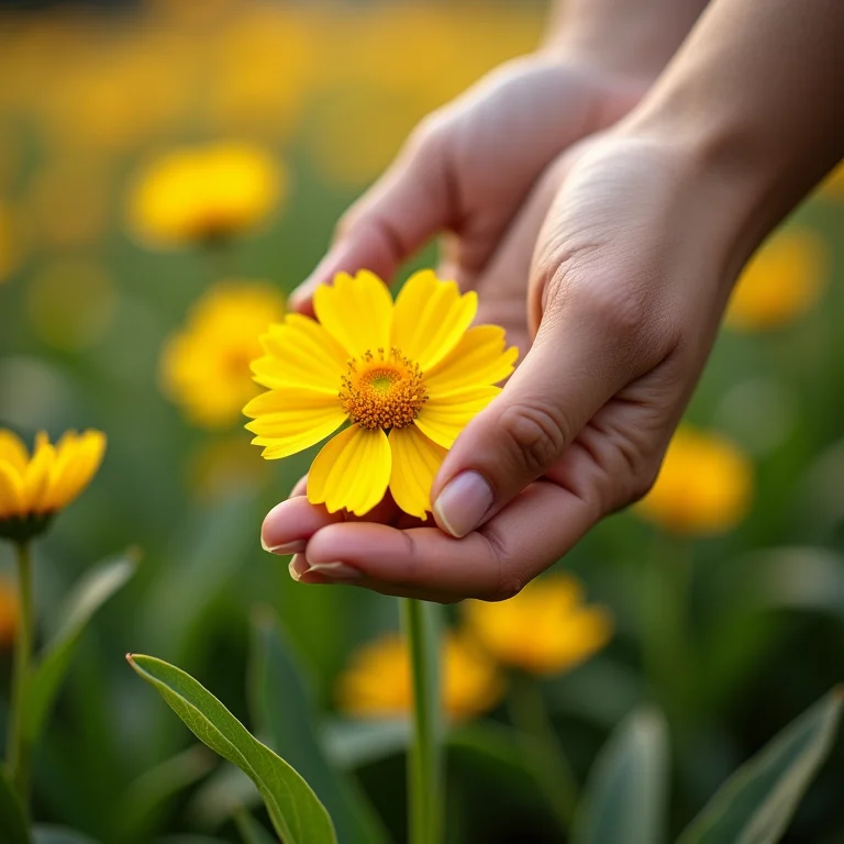 Mãos cuidando de um canteiro de onze horas em um jardim.