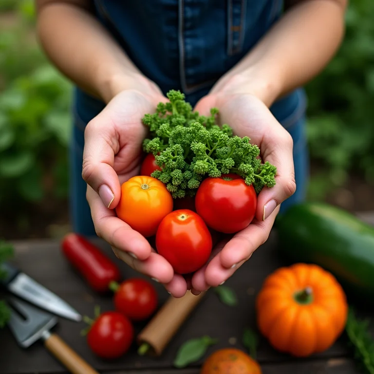 Mãos de mulher segurando vegetais frescos colhidos da horta.