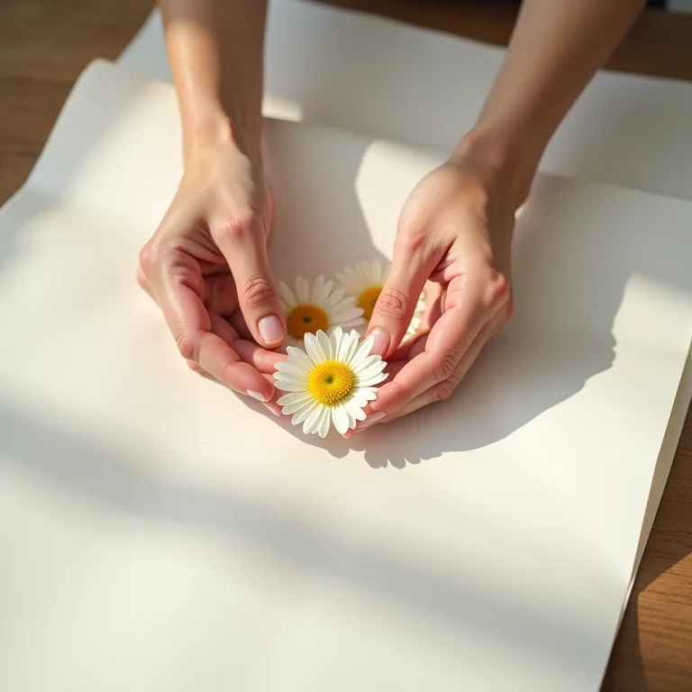 Mãos delicadas prensando flores entre folhas de papel