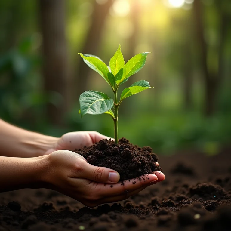 Mãos diversas plantando mudas de seringueira.