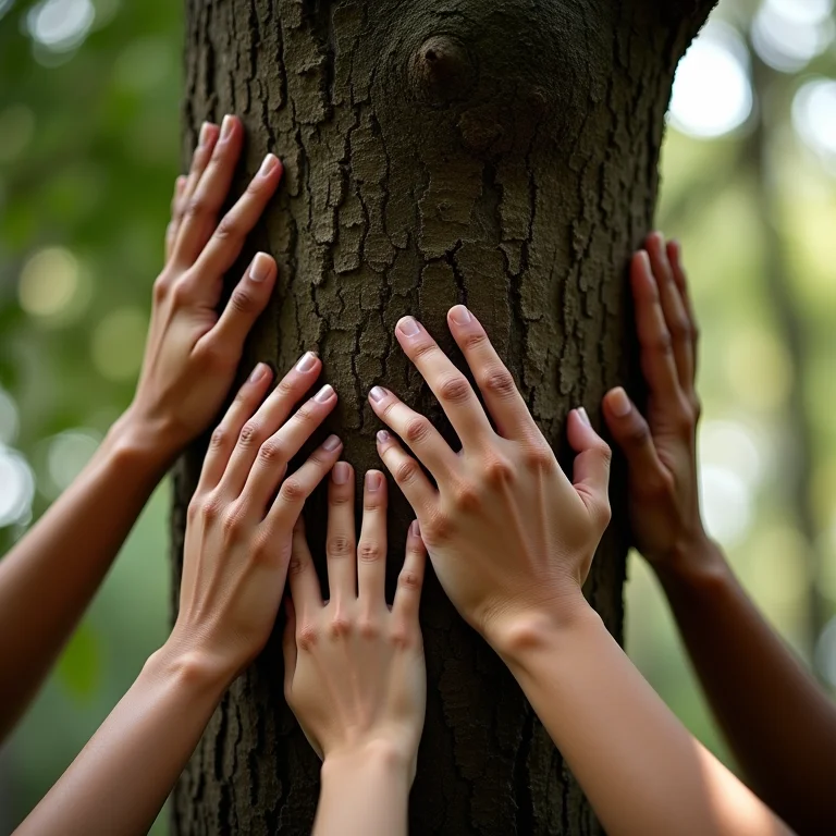 Mãos diversas tocando a casca de uma araucária antiga.