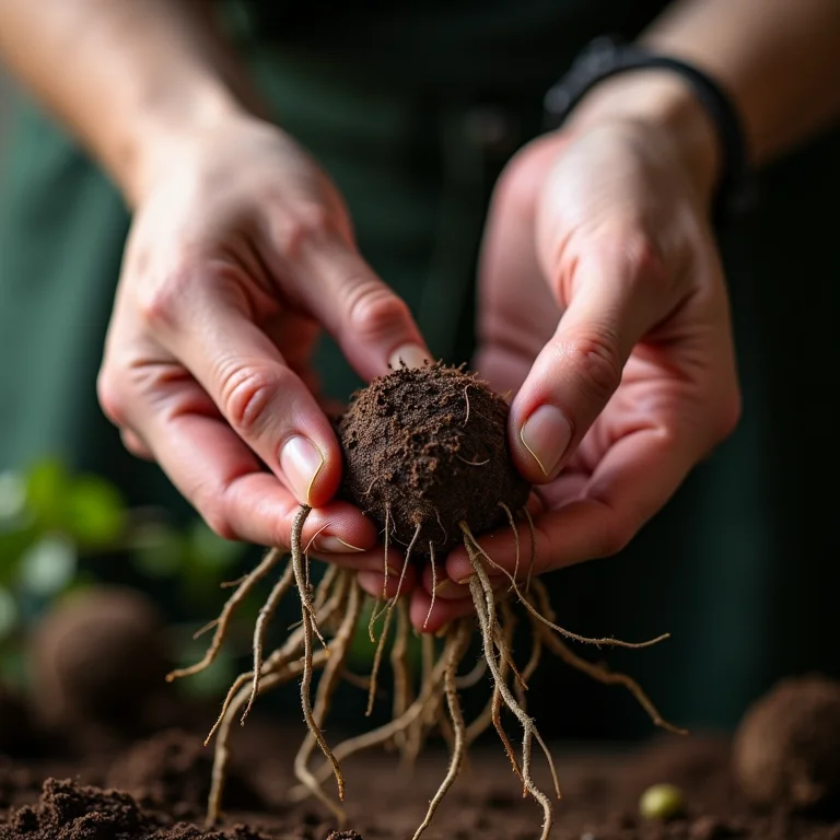 Mãos dividindo raízes de flor de cone roxo para propagação