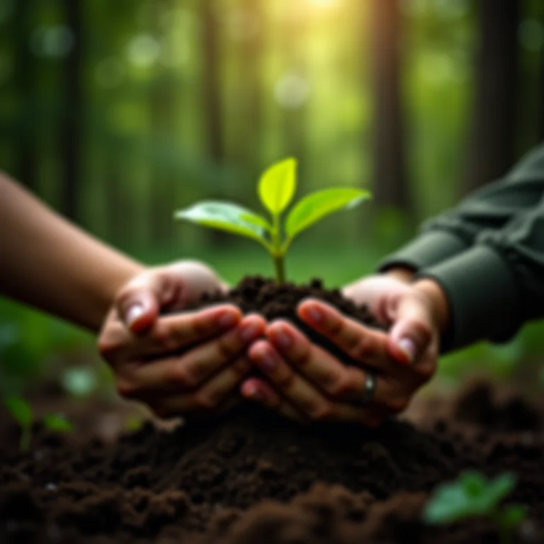 Mãos plantando muda de árvore em floresta diversa, representando conservação e uso sustentável.