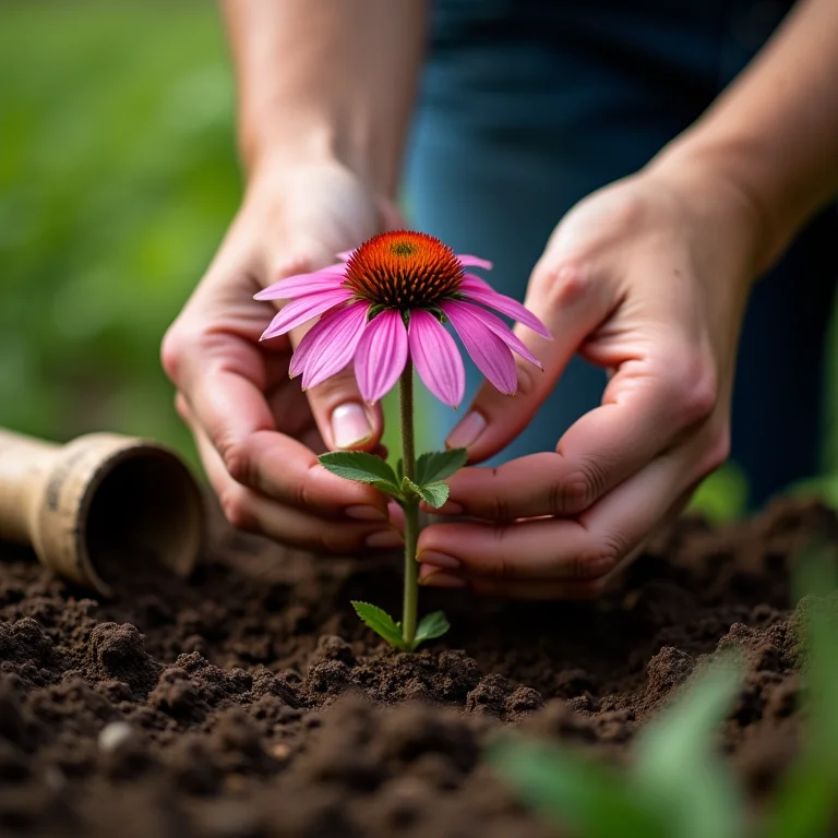 Mãos plantando muda de flor de cone roxo em solo bem drenado