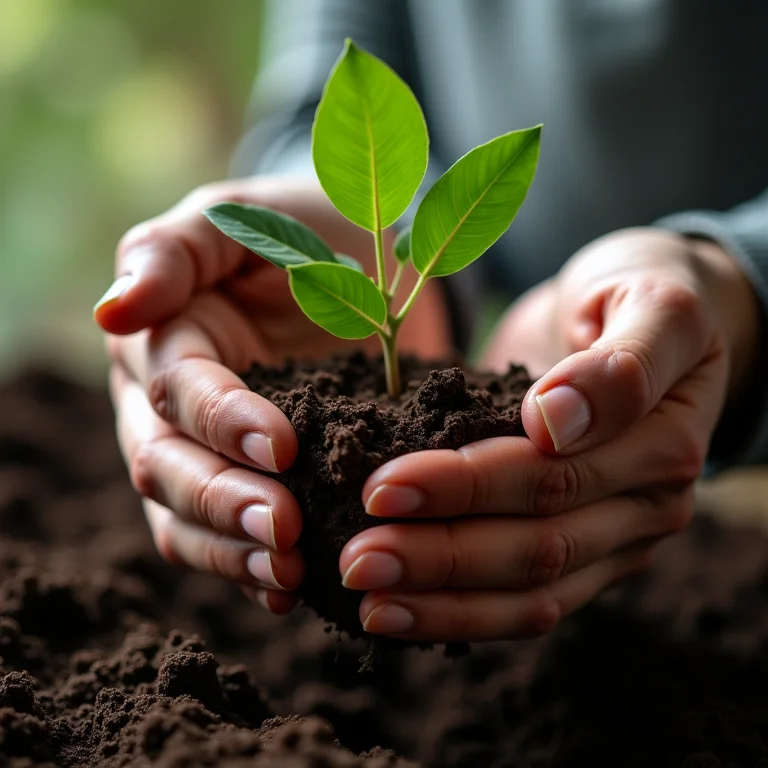 Mãos plantando muda de jacarandá-mimoso em solo preparado