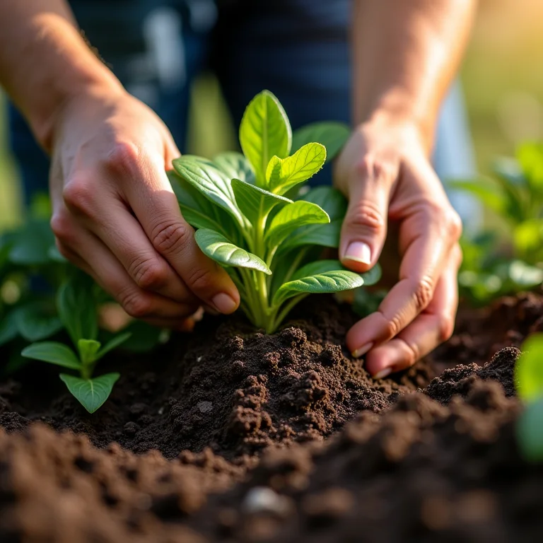 Mãos plantando plantas de cobertura no solo.