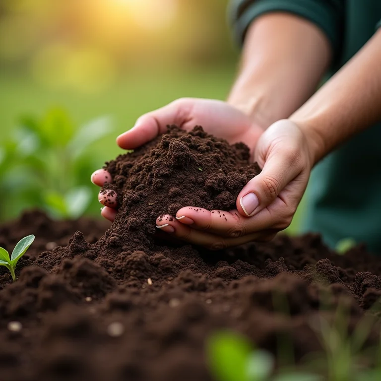 Mãos preparando mistura de solo orgânico com compostagem e fertilizante.