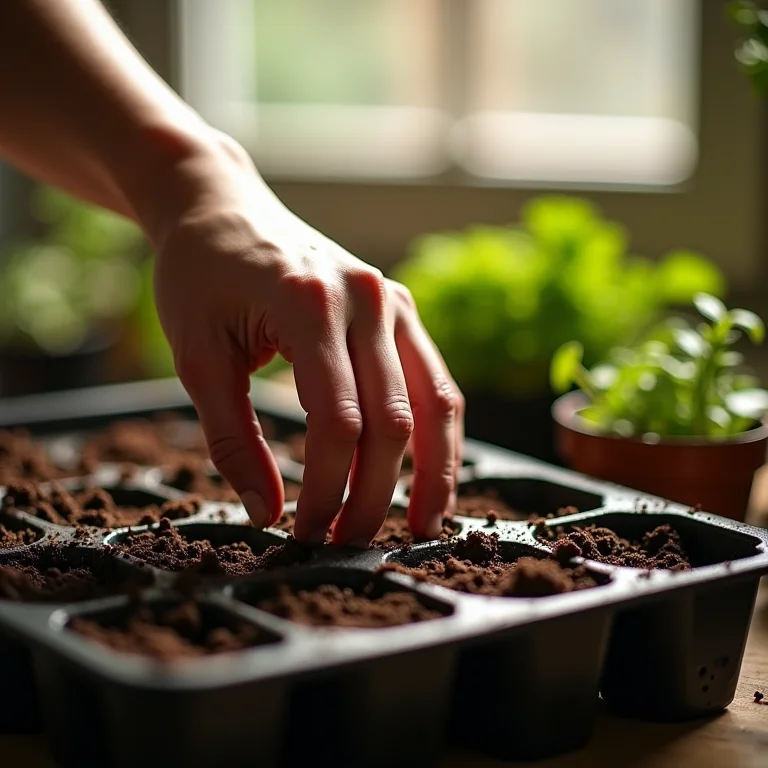 Mãos preparando o solo e semeando beterrabas em uma bandeja de mudas.