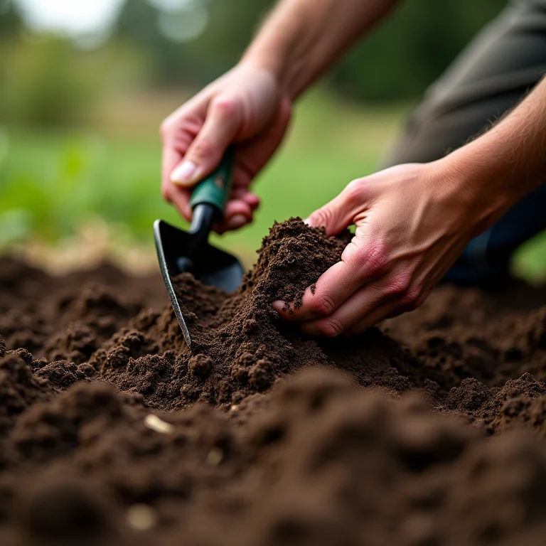 Mãos preparando o solo para o plantio de jiló