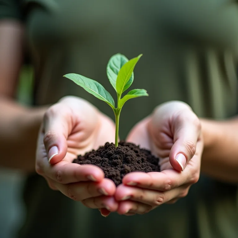 Mãos segurando documentos e uma muda de planta, representando a regularização de uma horta urbana.
