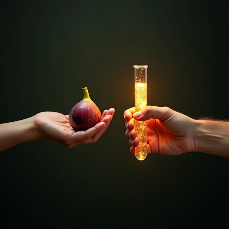 Mãos segurando figo e tubo de ensaio, representando a comparação entre sabedoria ancestral e ciência moderna.