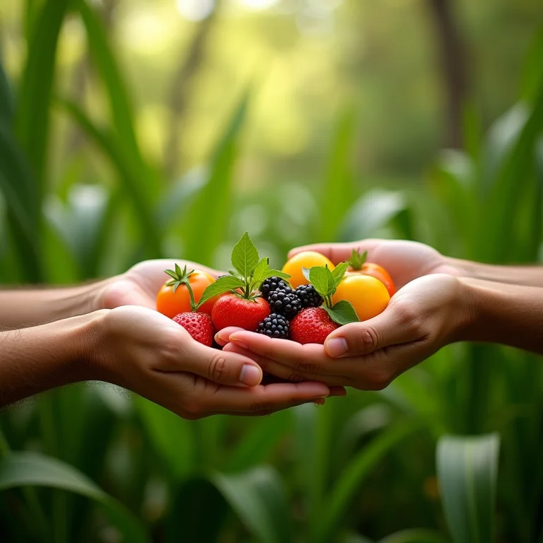 Mãos segurando PANCs em um cenário natural.