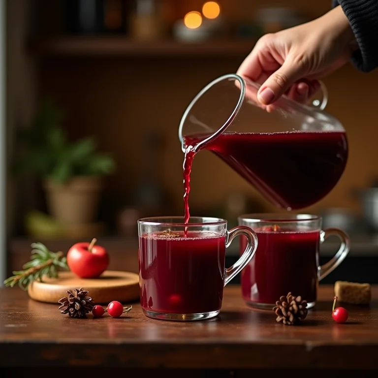 Mãos servindo quentão em canecas a partir de jarra de vidro