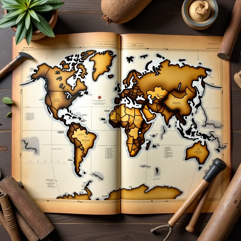 Mapa antigo das rotas de comércio de borracha com ferramentas antigas.