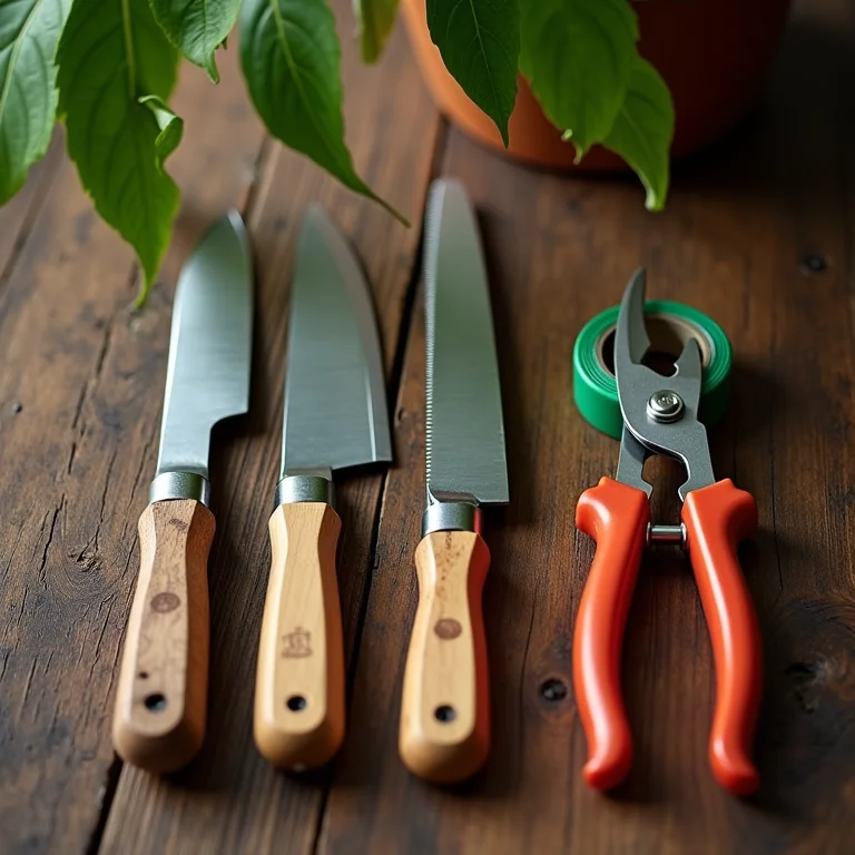 Materiais essenciais para enxertia de árvores frutíferas, incluindo faca, tesoura e fitas.