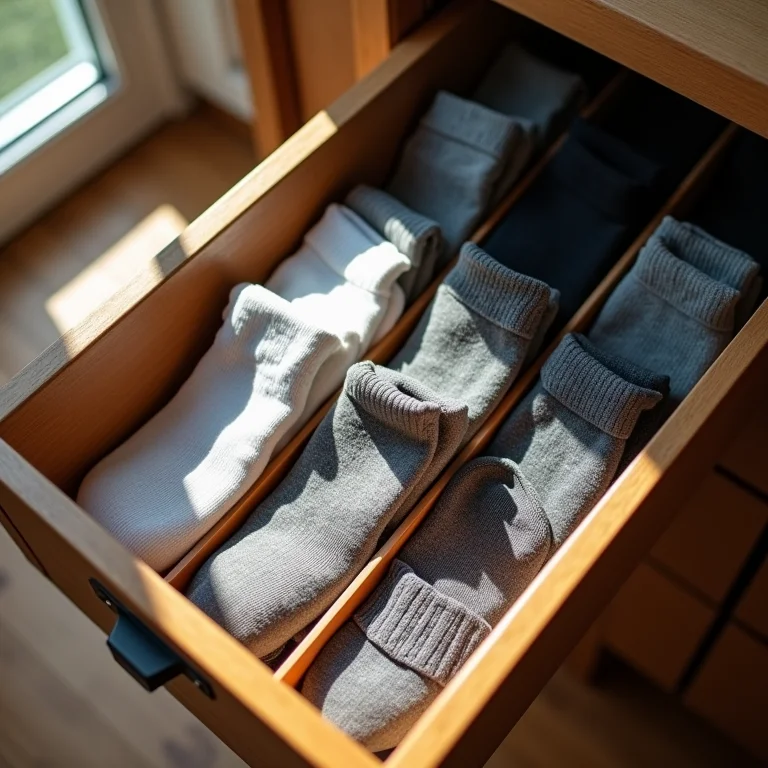 Meias organizadas verticalmente em gaveta