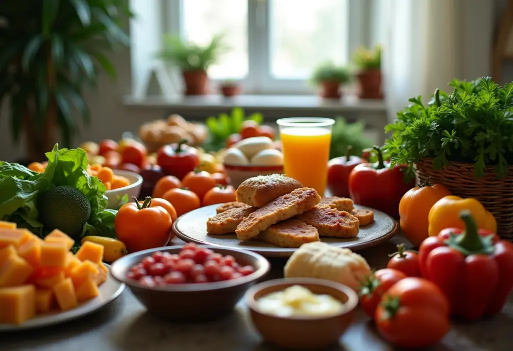 Mesa farta com alimentos frescos e alguns itens levemente passados, representando o desperdício de alimentos.