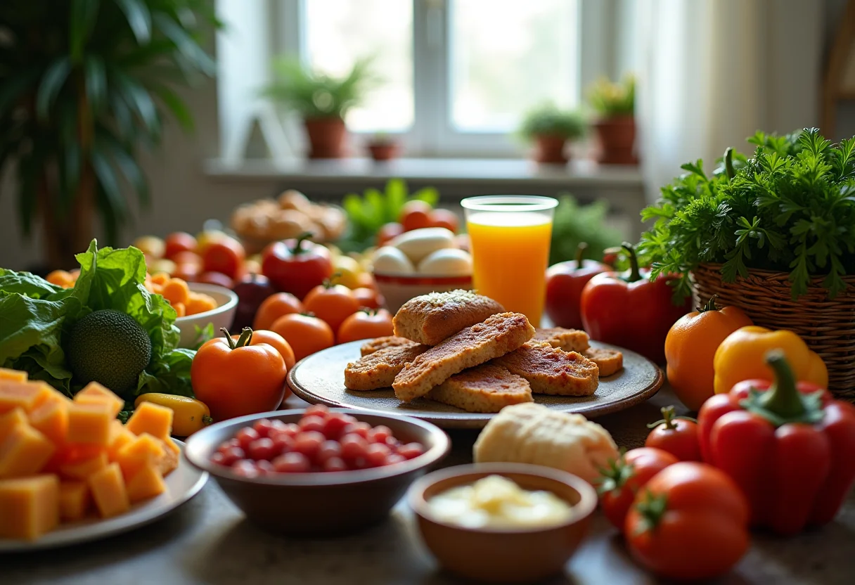 Mesa farta com alimentos frescos e alguns itens levemente passados, representando o desperdício de alimentos.
