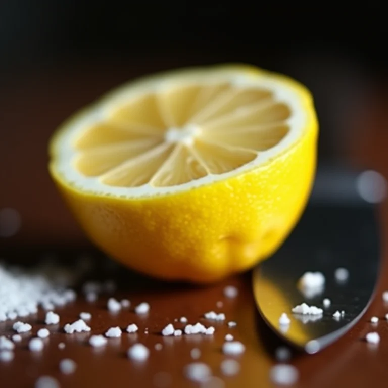 Metade de um limão polvilhado com sal grosso ao lado de uma faca de cozinha