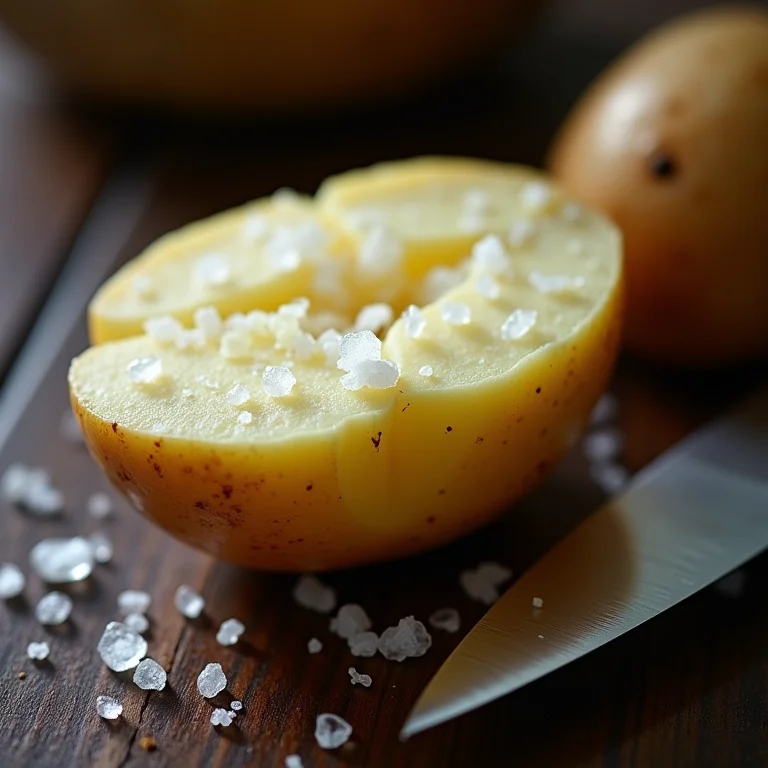 Metade de uma batata polvilhada com sal grosso ao lado de uma faca de cozinha